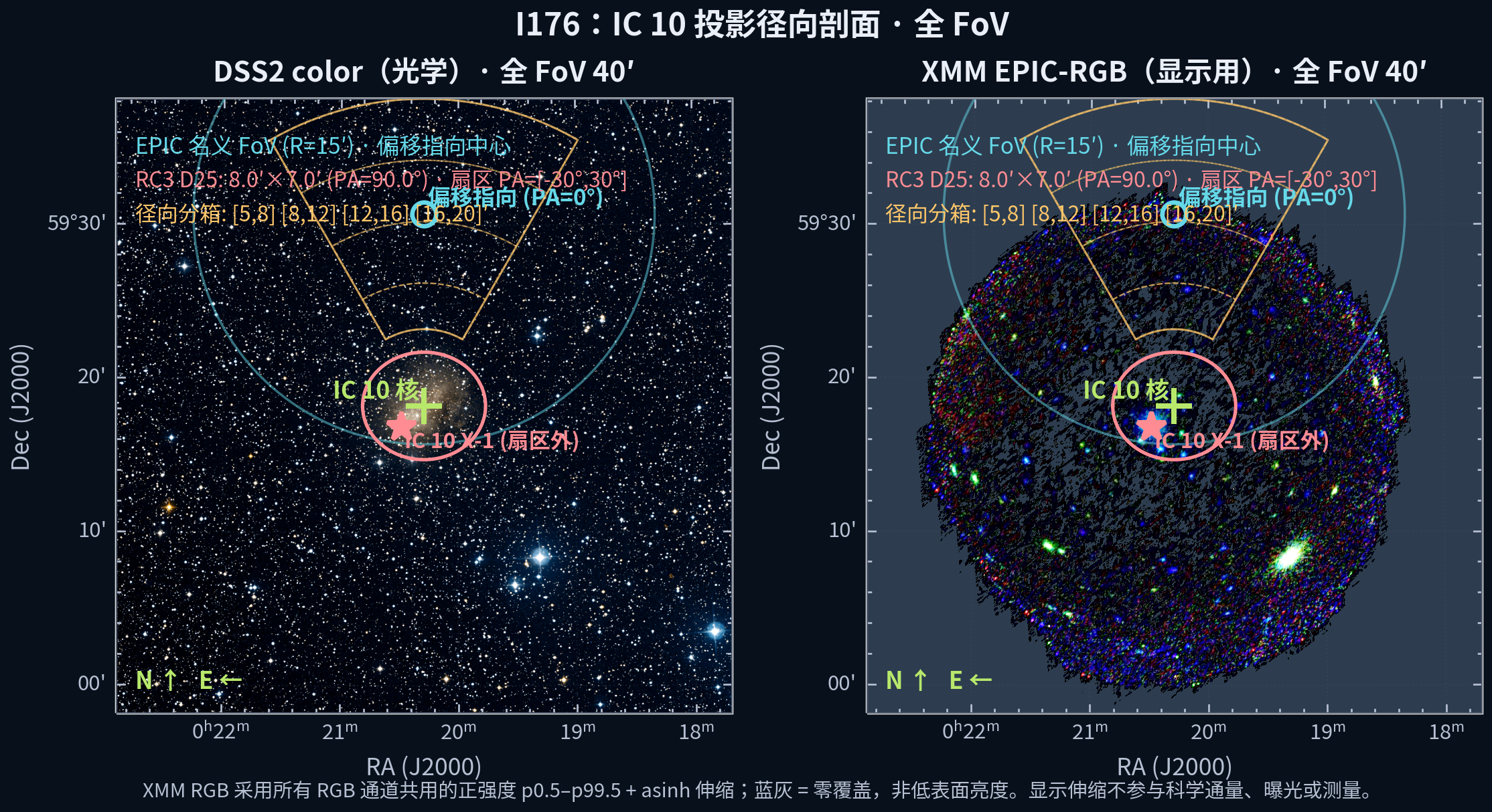 IC 10 的 DSS2 光学和 XMM EPIC-RGB 全视场图；标出 D25、偏移指向、扇区、径向分箱和 X-1 位置。